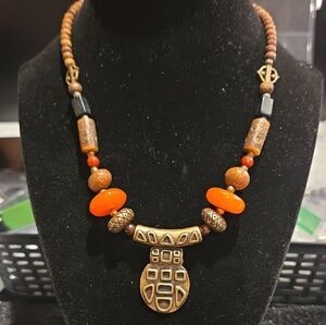 Chico's Orange and Brown Beaded Necklace